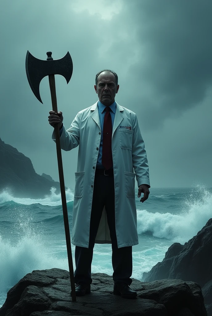 A doctor holding an axe near ocean