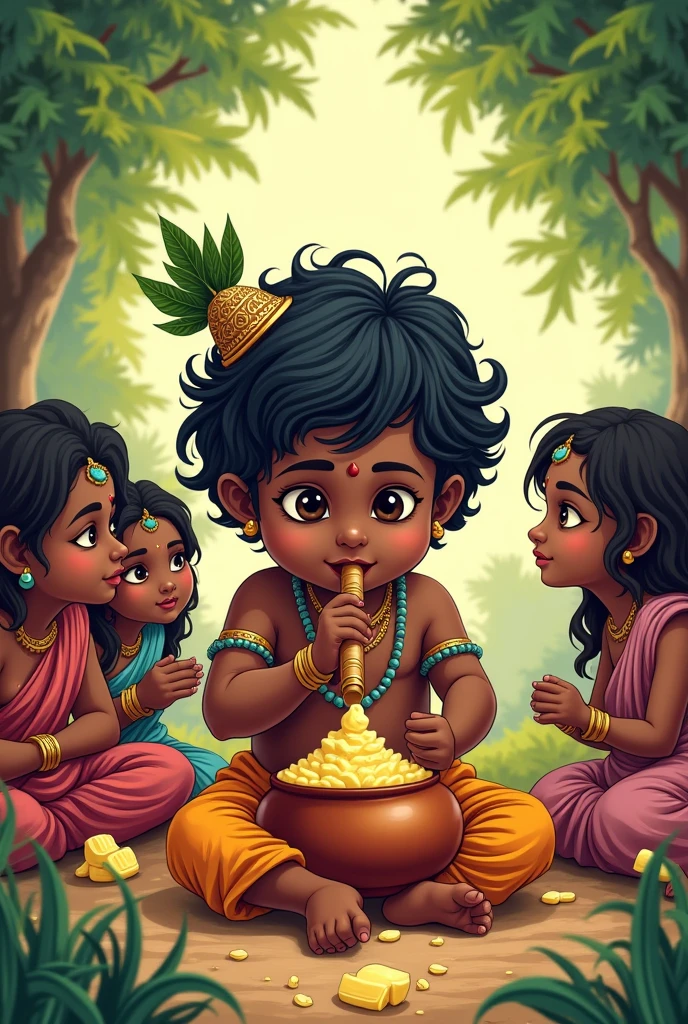 Little krishna God  with fluet   eat makhon from matka in brindaban and other girl notice him in comic world