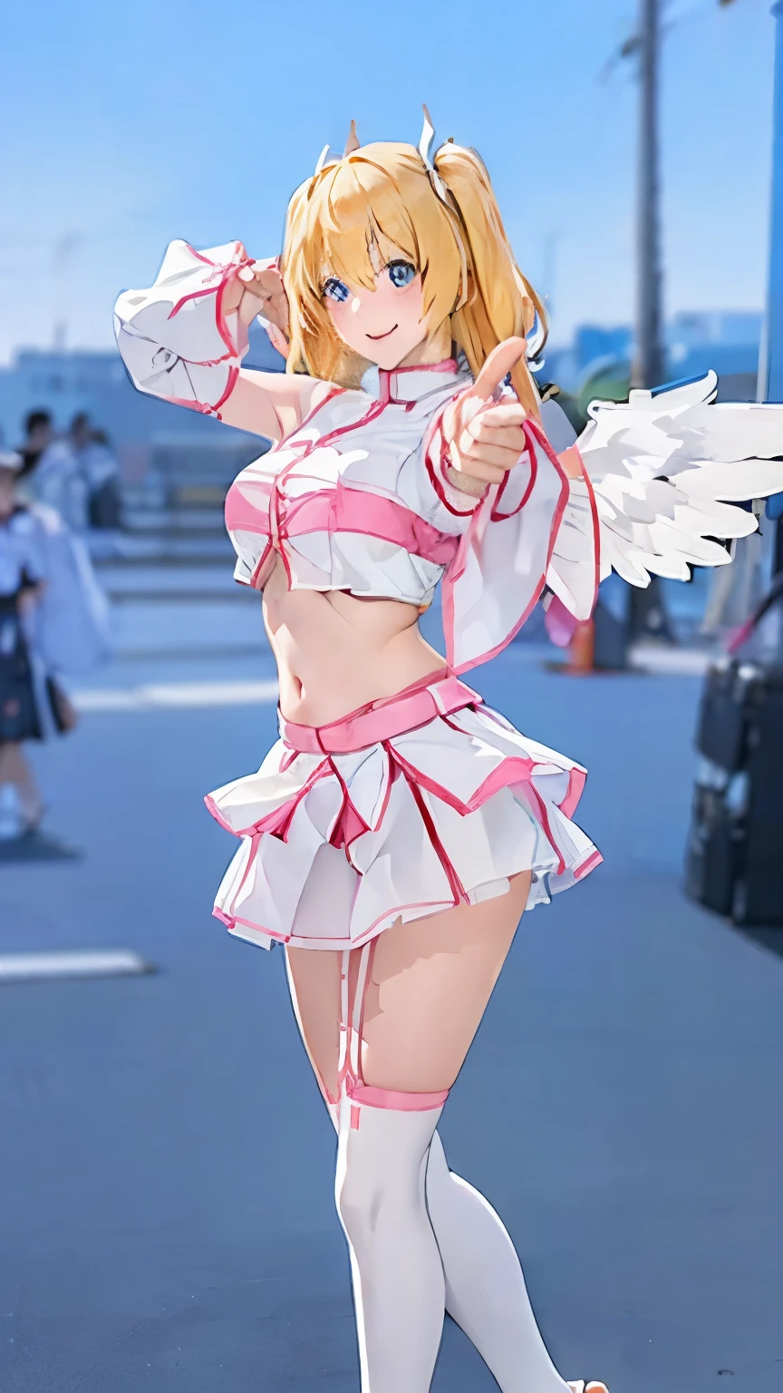 ((best quality)), ((masterpiece)), (detailed), Realistic, Very detailed, Ultra-high resolution, to be born:1.3), (1 female, Beautiful blonde Japanese schoolgirl 1.3), ((full body)),(( large breasts)), , perfect Hands, Blue eyes, skirt, (blonde hair), , shirt, stockings, (white angel wings on left and right back: 1.2), long sleeves, navel, hair between the eyes, bare shoulders, twintails, (white wings: d), (( Shot pose, thumb and index finger held up), standing with legs spread, full body), pleated skirt, removable sleeves, midriff, white shirt covering half of the chest (with short pink collar), pink lines, White and pink miniskirt, pink belt, wide sleeves, midriff, ((pink) edge) and white stockings)), crop top, underboobs, garter strap, white skirt, (pink low heel shoes), bangs, (smile), Detailed face, Detailed eyes,, stick out big hips, From behind, leaning against a bookshelf, sticking out her butt,（ lifting her skirt）, showing her white panties, (from behind), (Showing off pants),(Nipples are visible through the, A thで, :1.2), , (Showing off pants),(Semen drippでg down my thighs), (Only the waist, Bare back), ((下から,眺め:1.5)), (School club room:1.5),