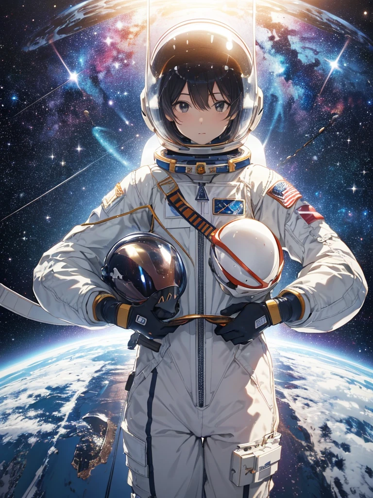 ネイマール 1 astronaut,(Helmet:1.3), (Spacesuit:1.3), (floating weightless:1.4), Earth, 。.two, performer, (Reflects sunlight:0.8), milky way, (distant galaxy:1.3), wide, (Exhaust gas:0.9), (Space microwave background:1.1), spacewalk to spaceship:1.4), (Zero gravity environment:0.7), (Telecommunications Equipment:0.8), (新しい惑performerを探索する:1.3), (Collection of samples:1.1), solar system, (astronaut&#39;Visor reflection:0.9), (astronaut&#39;Perspective:1.3), (Re-entry into the atmosphere:1.4), (international cooperation:1.2), (View from inside the spaceship:0.8), (astronautの訓練:1.1), (Moon Landing:1.3), (Extravehicular activities in extravehicular activities):1.2), (Lunar rover:1.1), (Explore the unknown:1.4), (月面に映るastronautの影:0.9), (floating tools:0.8), (雄大なEarthの風景:1.3), (performer間旅行:1.2), (astronautバッジ:0.8), (spacecraft control:1.1), (Celestial Navigation:1.3), (astronautのバイザーはEarthを映し出す:1.2), (Space Travel:1.4), (astronaut extravehicular activity strapped to spacecraft:1.5), Japanese flag、①Quality：(One person), (Highest quality:1.3), (masterpiece:1.3), (Super detailed:0.8), 8k, Highly detailed CG, Perfect hands:1.2), (Perfect Anatomy:1.2), ② Eyes：Sparkling Eyes, Intricate iris detail, Fascinating eye reflection, Sparkling eyes, Pupil depth and three-dimensional effect, Subtle changes in the color of the iris, Meticulous eyelash detailing, Detailed eyes, ⑥Body type：Slim figure, ⑦ Skin:Detailed skin, ⑧ Expression：(blush:1.0), Detailed face, View your viewers, Break, Happy, See the face and feel, I love lots of milk, Waiting for a kiss 9th style: animation, Illustration 10: Theme：(Toru Asakura: 1.3), ⑪Hair: Shiny Hair, Floating Hair, (short hair:1.4), (low hair volume:1.4), (Parted bangs:1.4), (Blue Hair、Gradient Hair、Multi-colored hair、Parted bangs、Purple Hair), (Hairstyles in the middle:1.3), (Boyish hairstyles、Hairstyle like、Show your amount) ⑬Composition：(Upper Body:1.2), (From below,:1.1), (From the side:1.3), (Extremely close-up footage: 1.3), very wide shot, Dutch Angle