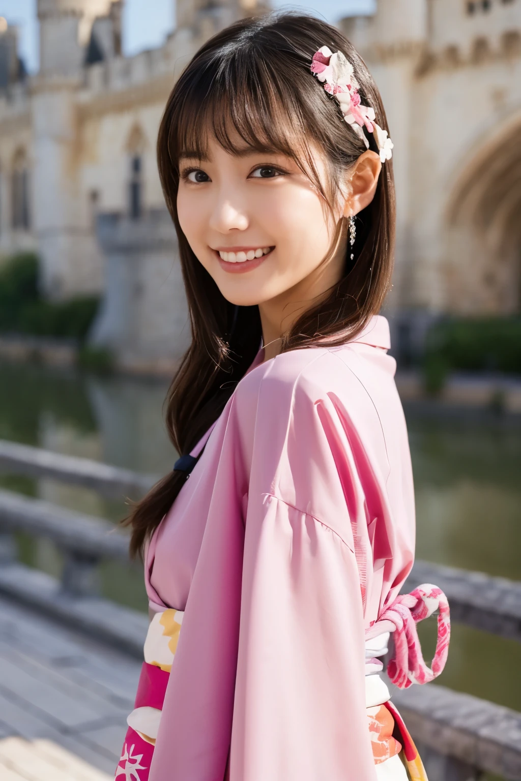 1 person, (Wearing a cute pink yukata.:1.2), Very beautiful Japanese idol portraits, (Young Face),
(RAW Photos, Highest quality), (Realistic, Realistic:1.4), (masterpiece), 
Very delicate and beautiful, Very detailed, 2k wallpaper, wonderful, finely, Very detailed CG Unity 8k 壁紙, Very detailed, High resolution, Soft Light, 
Beautiful details, Very detailed目と顔, Beautiful and sophisticated nose, Beautiful and beautiful eyes, Cinema Lighting, 
(Commemorative photo at the castles of the Loire:1.3), 
(Japanese hairstyle), (Tie your hair at the back:1.3), (bangs), (hairpin), 
Complete Anatomy, Slender body, Small breasts, smile