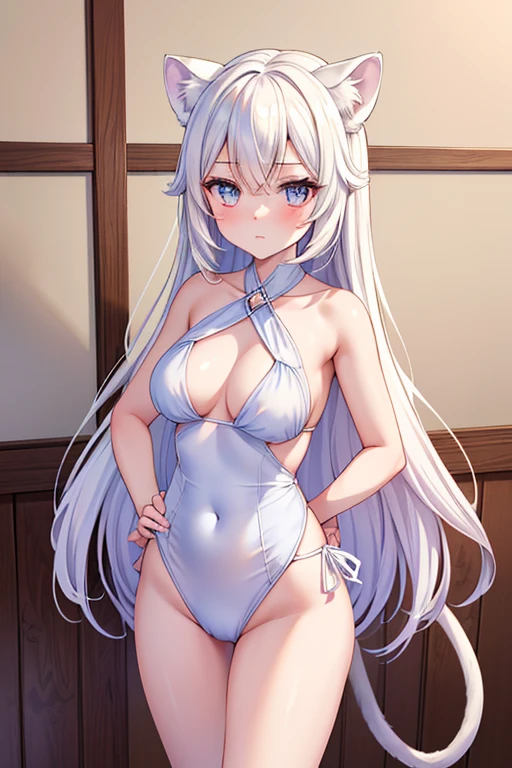 (masterpiece,best quality,ultra-detailed), an anime girl who is an aloof and emotionless noble young lady. She has ice white him cut style long hair, plum tsurime, white lioness ears and tail, wearing cross-aced swimsuit, standing in an aloof pose, arm crossing, looking at the viewer, without expression