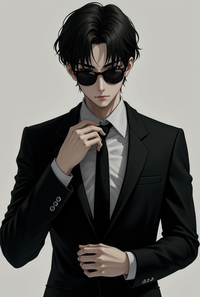 Kiyotaka Ayanokoji Wearing a Black suit and Black Sunglasses fixing tie with hands