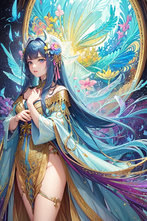 (masterpiece, Highest quality, Highest quality, Official Art, beautifully、aesthetic:1.2), (One person), Very detailed,(Fractal Art:1.3),colorful,Most detailed, Flowers, feathers and butterflies々Decorative long hair、Soft Lighting、mysterious、Holiness、goddess、universe、Eternal love、crystal、grow、create、dream, fantasy