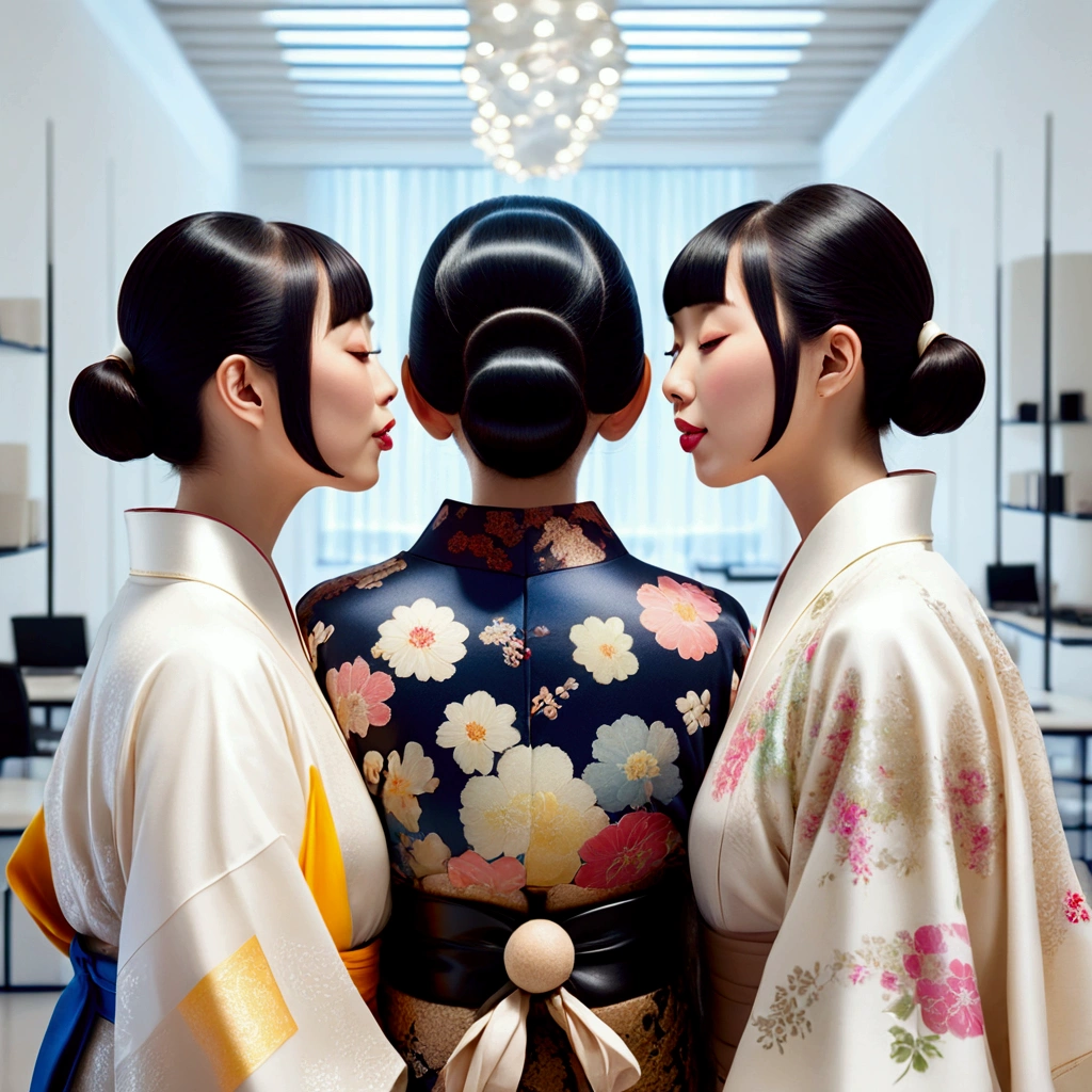 three japanese eldery mature ladies in kimono at luxerius office items sorrounded bright lighted modern office,their black straight bob hair back side made in to low single small ponytail while front parted hair maded into twin bun,100 liters of oil poured over their hairs making slick shinning like mirrors,tongues are highly visible,kissing 