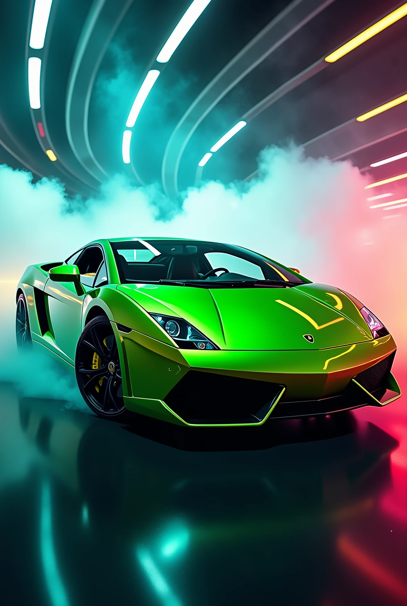 create a race between lamborghini gallardo color green , bright, colorful pictures in a photo album, design by retrofutur2, Studio lighting, Volumetric lighting, god rays, CarHelper, PhotoHelper, Perfect composition
