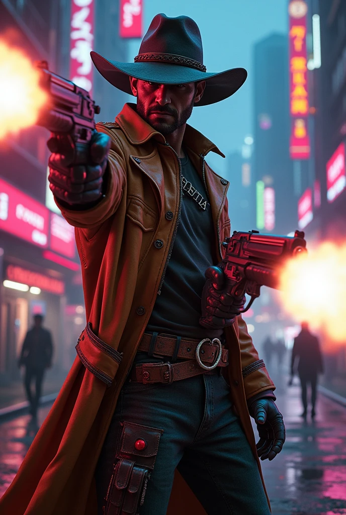 (photorealism:1.2), cyberpunk cowboy shooting with two guns (pistols),
neon ligths