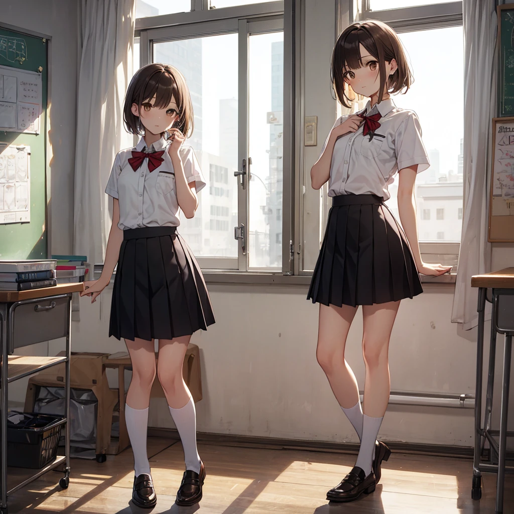 masterpiece, Highest quality, superior_Mikoto, Brown eyes, short_hair, small_chest, Looking at the audience, solo, Closed_mouth, first round_shirt, School_uniform, shirt, Whitened_shirt, , classroom　Full Body　mini skirt　Cool look