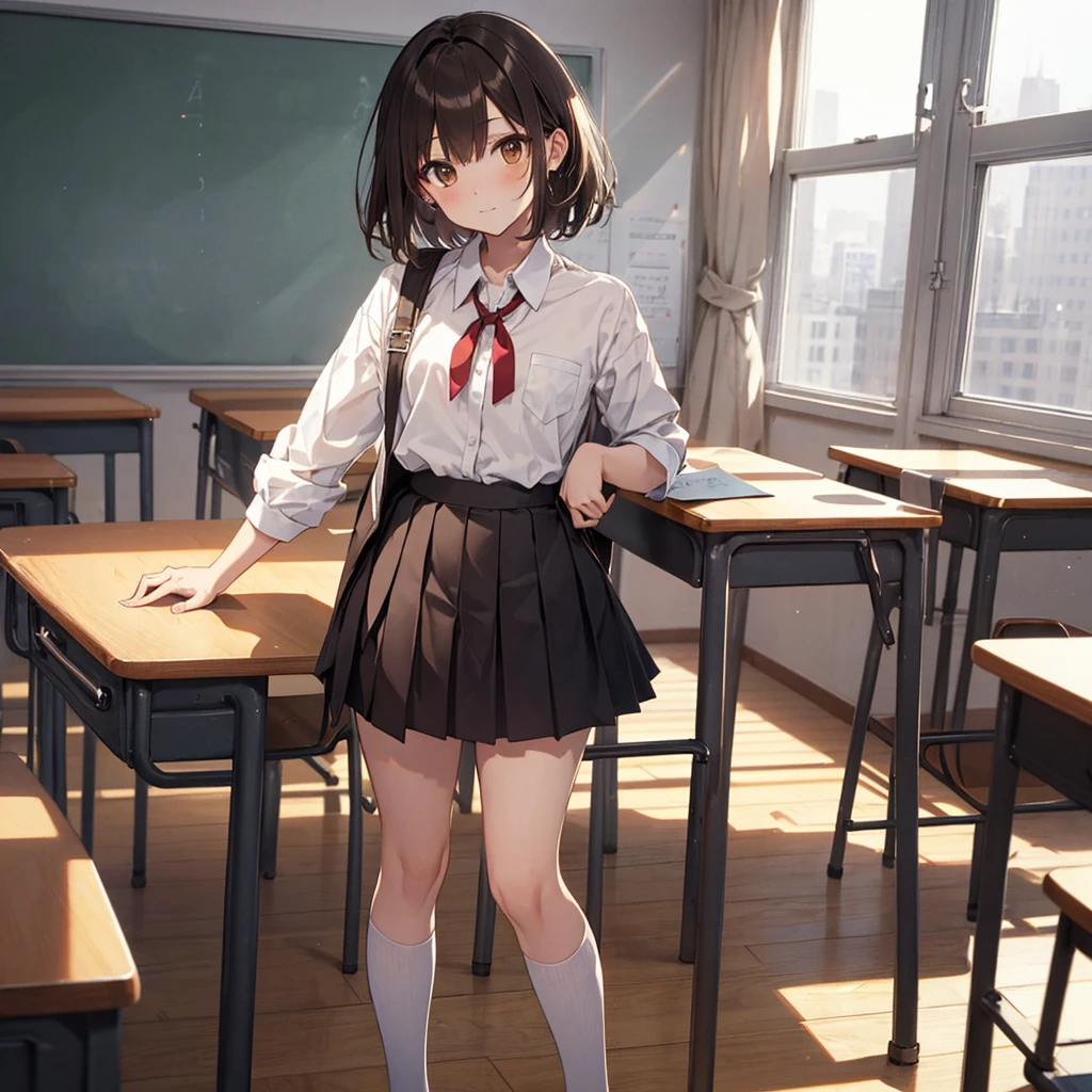 masterpiece, Highest quality, superior_Mikoto, Brown eyes, short_hair, small_chest, Looking at the audience, solo, Closed_mouth, first round_shirt, School_uniform, shirt, Whitened_shirt, , classroom Full Body mini skirt Cool look