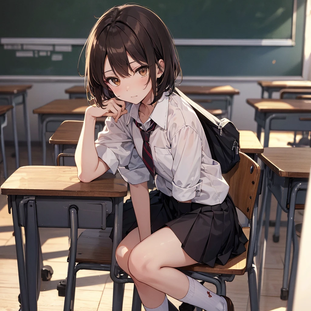 masterpiece, Highest quality, superior_Mikoto, Brown eyes, short_hair, small_chest, Looking at the audience, solo, Closed_mouth, first round_shirt, School_uniform, shirt, Whitened_shirt, , classroom　Full Body　mini skirt　Cool look