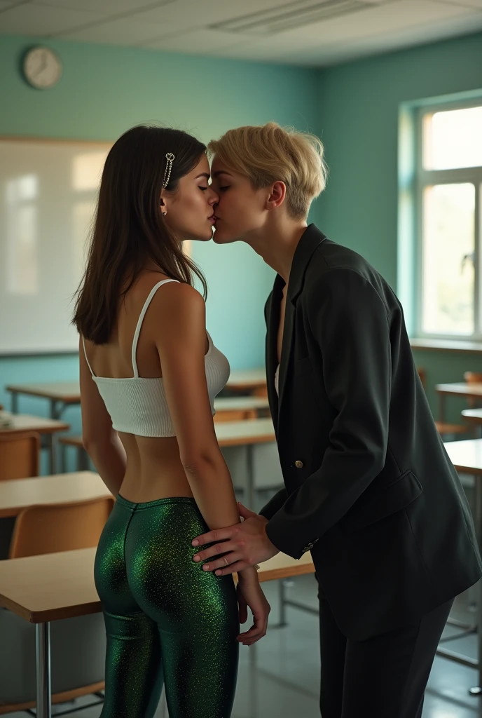 40 year old woman in short hair and formal wear kissing a young schoolgirl in shiny purple latex leggings and crop top in the classroom, the girl has her back to the camera, the woman has her hand on the girls butt