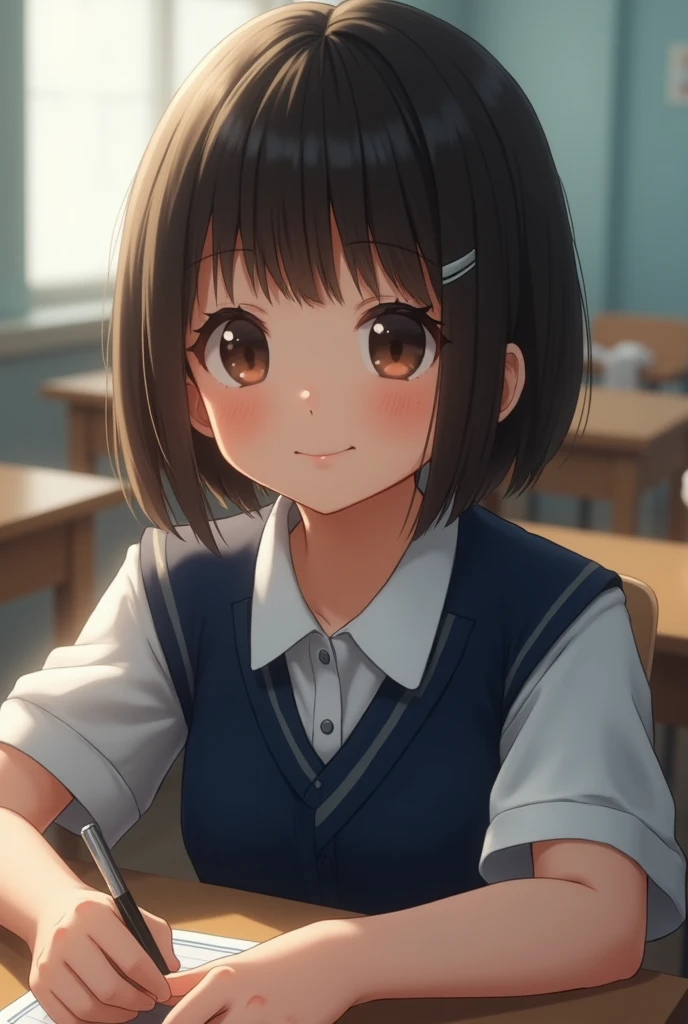 best quality, face focus, soft light, ultra high res, (photorealistic:1.4), RAW photo, 1japanese girl, solo, cute, (shy smile:0.5), (brown eyes, lights in the eyes), detailed beautiful face, (small chest),(high resolution detail of human skin texture), (short bob hair), BREAK, in classroom,navy school uniform, vest, skirt
