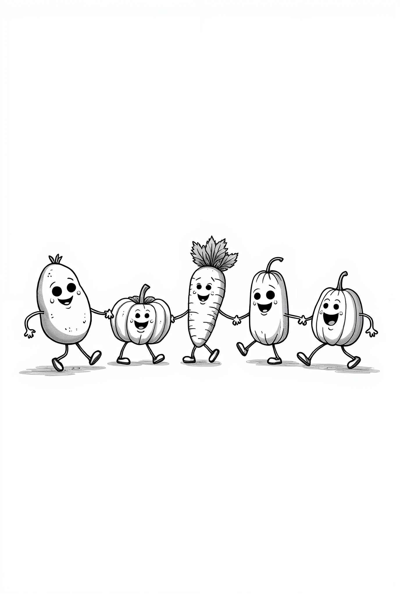Children's illustrations、Coloring book draft、Black and White、Many kinds々Vegetable characters、It is deformed、potato、carrot、green pepper、cabbage、watermelon、Pumpkin、Holding hands and dancing、Festivals