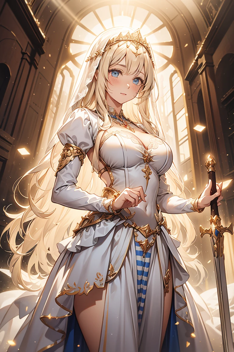 Teenage Girl，Fantasy World Princess，obsessed，Full Breasts，in love，Sacred，(And the White Princess Dress:1.3)，Blonde hair and blue eyes，Blue eyes，Great Sword，holy sword，Super super details，Ruffles，Lots of Lace，(There are stripes on the clothes:1.2)，(Dress nicely:1.1)，(Layered Skirt),Sheer and transparent clothing，Beautiful and delicate face，Movie Lighting，night，The only person，Lace,(shine:1.2), (Best quality), (masterpiece:1.2),sparkling gemstones, thick, thick, godess, milf,milf, thick, pawg