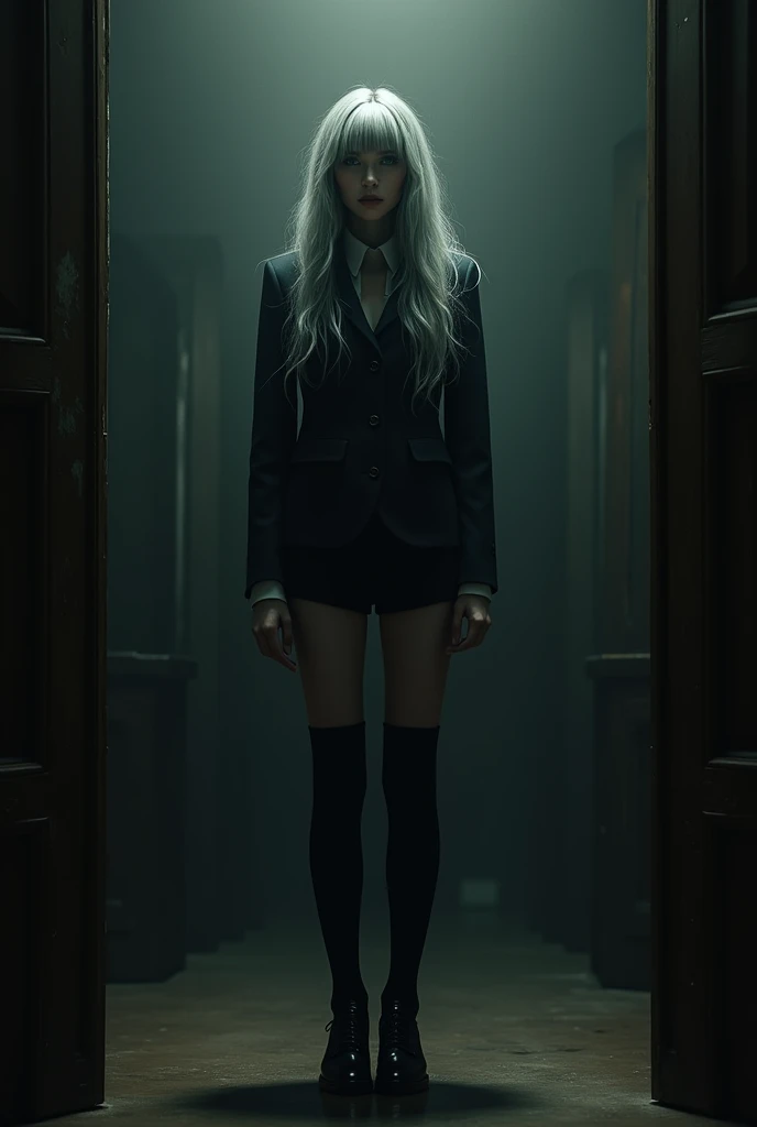 (front focus), (in the dark: 1.6), Surrealist Portraits of Women by David Hockney and Alphonse Mucha, fantasy art, Photo realism, dynamic light, art station, poster, Volumetric light, The page is very detailed., 4 ก, tights, shorts, 1 girl, in the dark, deep shadow, low voice, cowboy shoot, (Formal uniform: 1.4), long hair, gray hair,