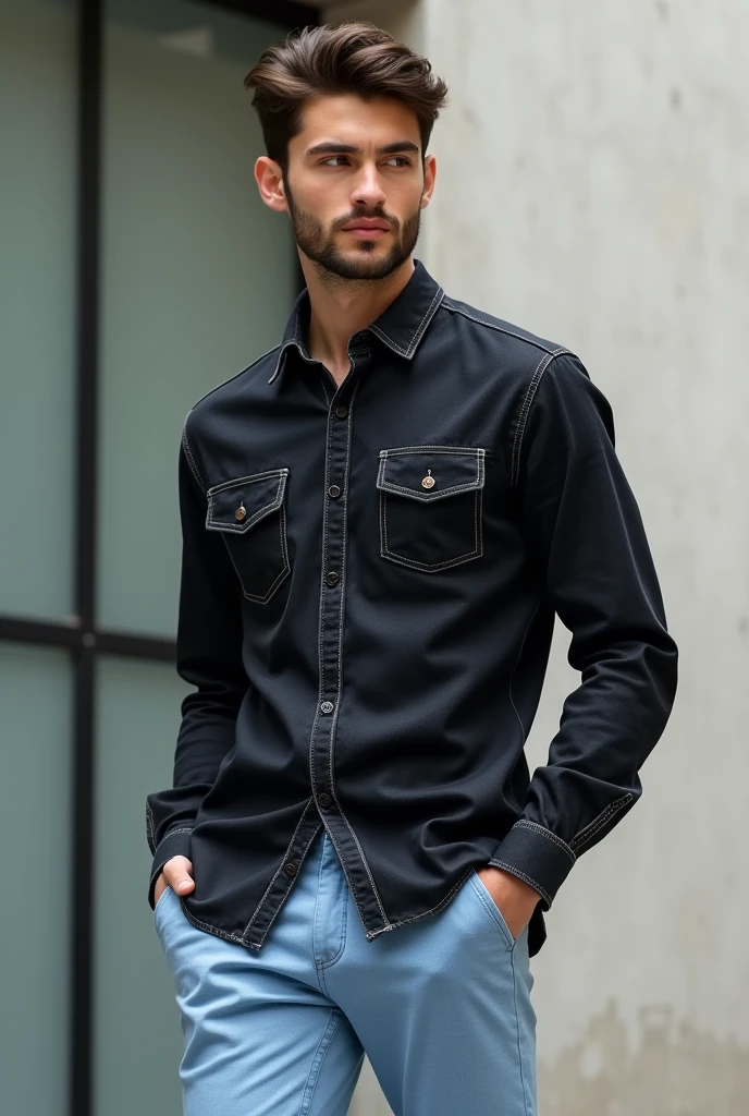 Black denim shirt and light blue pent men