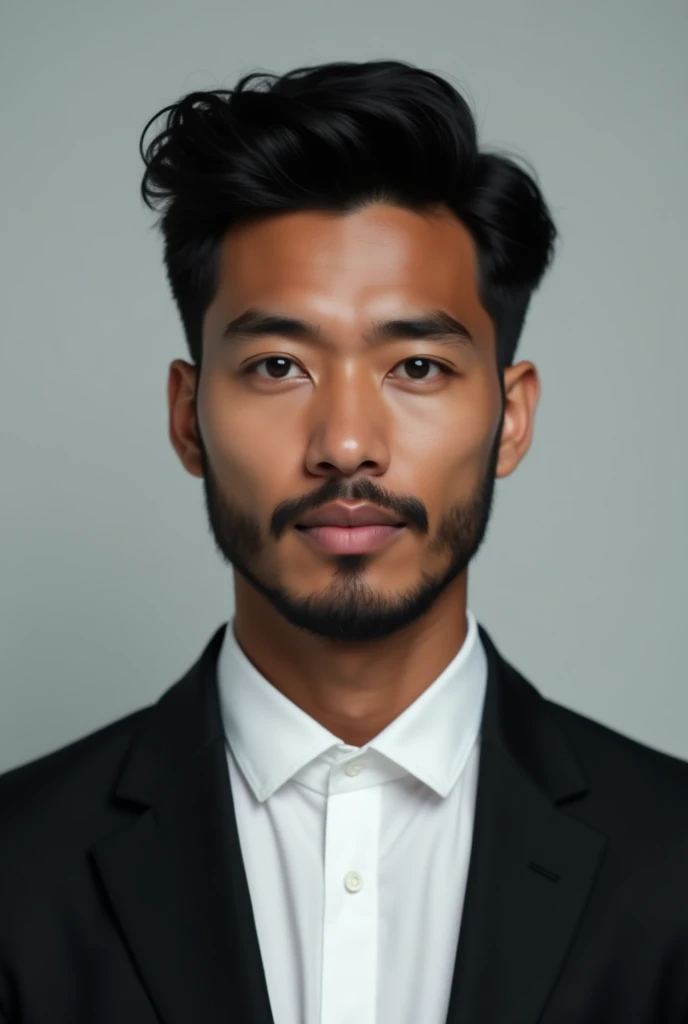 A young man same black color skin dressed in a black blazer over a white shirts light beard ,hair style Asian and color black and black eye for passport size picture.