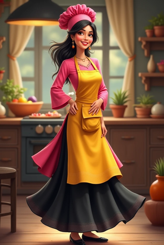 A lady wearing a rose pink kurti and a black plazo pant and black shoe with a yellow apron and a yellow chefs cap