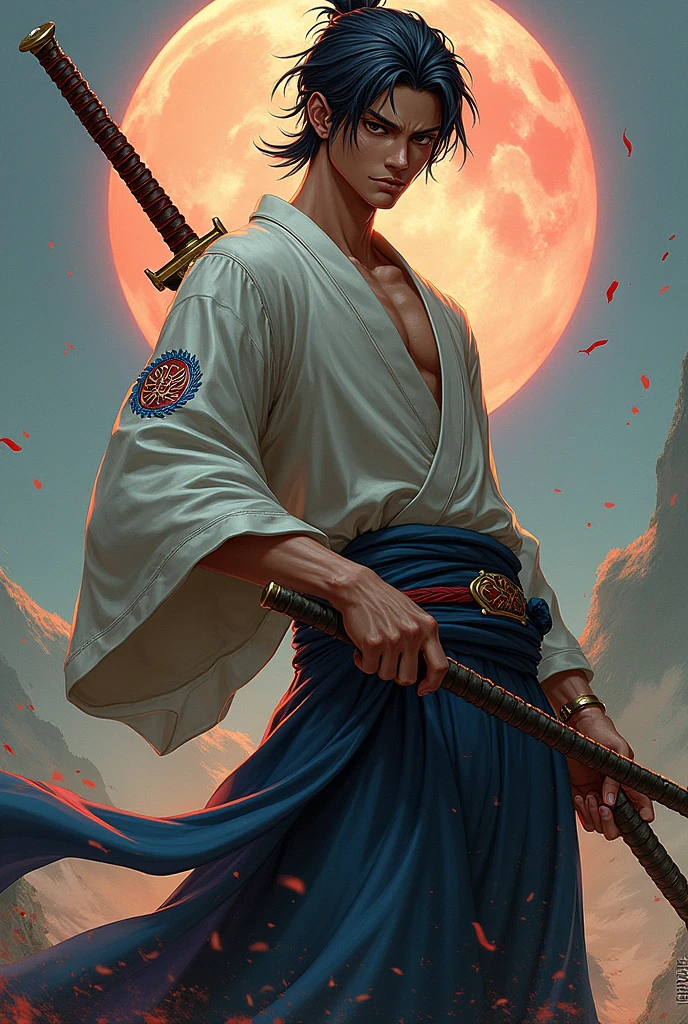 I want a male character that is inspired by the world of One Peace, who is thin and has two katanas like Tenge Uzui&#39;s.