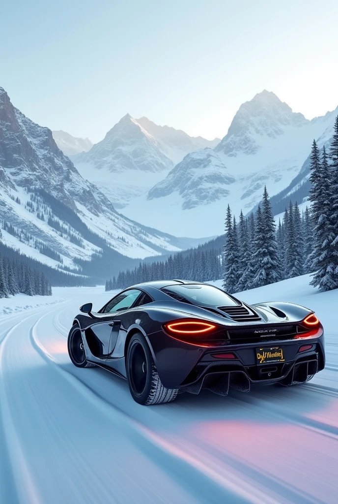 A black color McLaren in the mountains but car look from back side with light on , and camera angle little far for mountain view the weather is winters , everything is covered with snow ,
for laptop screen ,image resolution size 1920×1080 in landscape form