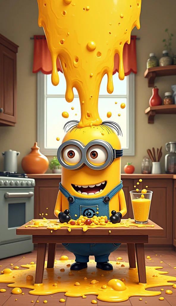 Minion Kevin tries to make cheese in the blender on the table but the cheese splatters all over the room.