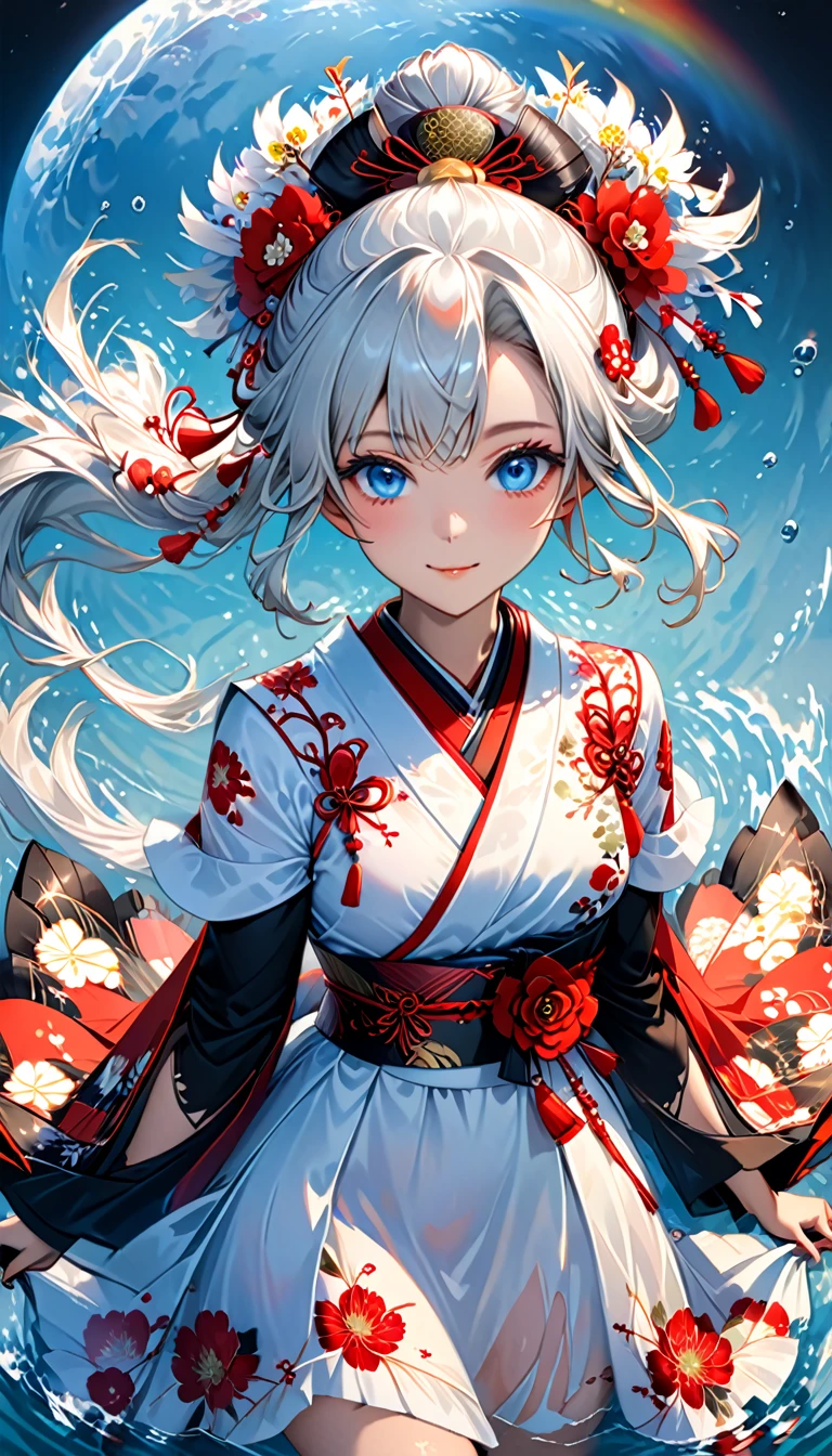Ink painting, (((1 girl))), (((Tattoo in the middle of the forehead))),(((In the background is the Akatsuki moon))), (((Oiran))), (((Great hair accessories))), Demon possession, ((Masterpiece:1.2)), ((Highest quality)), Extremely detailed and delicate illustration style, Detailed leather texture, Detailed canvas texture, Very detailed description, (Masterpiece T), Extremely beautiful illustration, Highly detailed face, Raw image, professional, Ultra-high resolution panel, Complex details, Superior detail, Intricate decoration details, Perfect anatomy, real, (Beautiful and clear blue eyes), (Beautiful detailed eyes:1.6), (Traditional black and white detailed costume), Front view, White flower kimono, Black white colorful hakama long skirt, A maxi skirt, Modestly dressed, He smiles, ((Standing and looking at me)), ((The day)), (Extremely detailed and beautiful Japanese temple construction), (8K Highest quality wallpaper), (Extremely detailed and delicate background). girl swimming underwater,Very detailed presentation style,It shines,Red Rose,light blue,brushwork,Ultra Realistic Oil Painting,Bright eyes,Head up close,Exaggerated perspective,Tyndall effect,drop of water,rainbow pearl,3d white,black background,