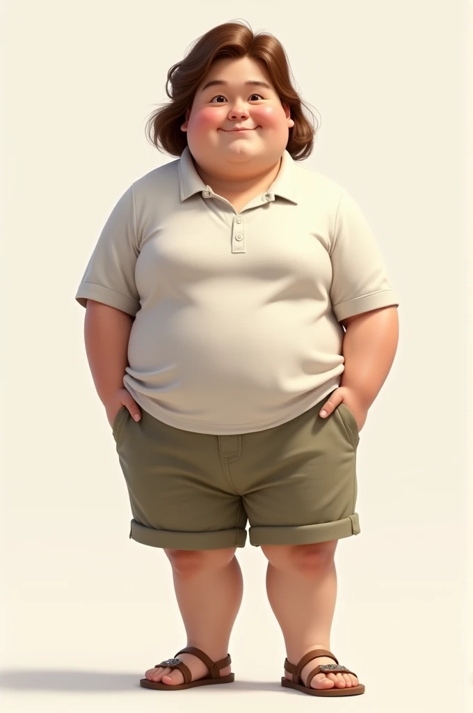 Light-skinned, brown-haired, medium-built, chubby, 4, wearing a loose polo shirt and some cloth shorts