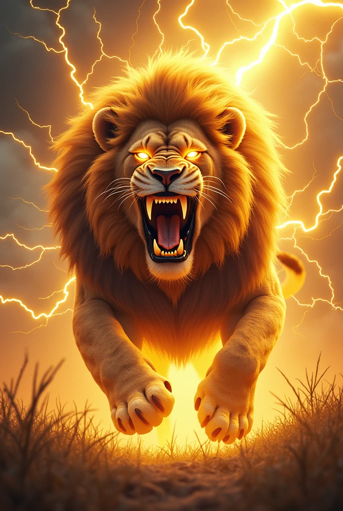 A lion with yellow lightning and thunder coming out of its body like thunder bolts and eyes glowing in yellow lightning and thunder bolts mouth also its face angry paws extracted charging at the screen also make like thunder ⚡⚡⚡⚡ like this are coming out its body it's eyes glowing with thunder