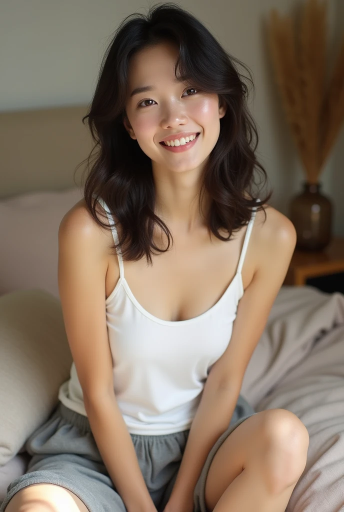 Woman wearing house shorts and tank top
