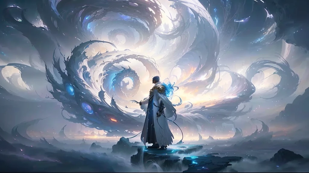 arafed image of a man standing in front of a giant spiral, flowing white robes, anime epic artwork, intricate and epic composition, dramatic concept art, peter mohrbacher. unreal engine, ross tran. scenic background, by Yang J, anime fantasy illustration, anime fantasy artwork, by Feng Zhu, dramatic fantasy art, ethereal anime