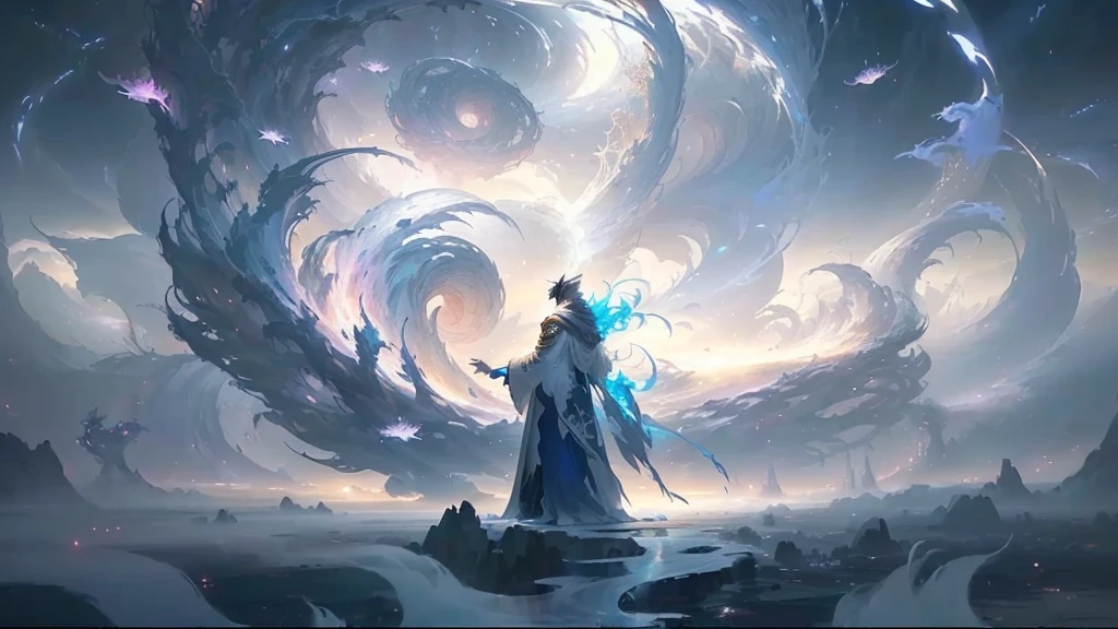 arafed image of a man standing in front of a giant spiral, flowing white robes, anime epic artwork, intricate and epic composition, dramatic concept art, peter mohrbacher. unreal engine, ross tran. scenic background, by Yang J, anime fantasy illustration, anime fantasy artwork, by Feng Zhu, dramatic fantasy art, ethereal anime