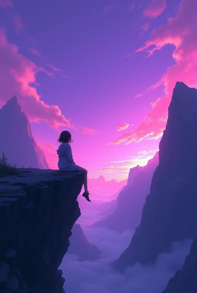 A 1 girl sitting at the edge of the mountain and looking at purple sky above.