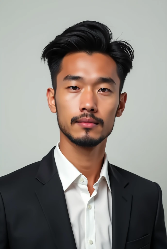 A young man same black color skin dressed in a black blazer over a white shirts light beard ,hair style small Asian and color  black and black eye for passport size picture. 