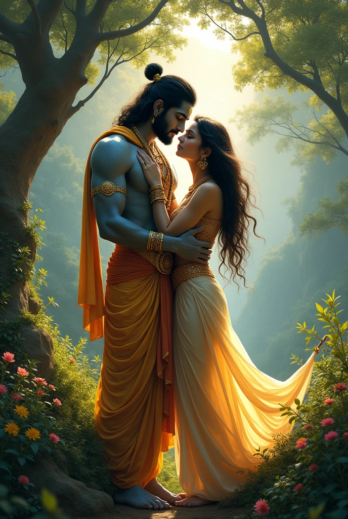 Hindus god ram doing romance with a hot girl on the hill in forest