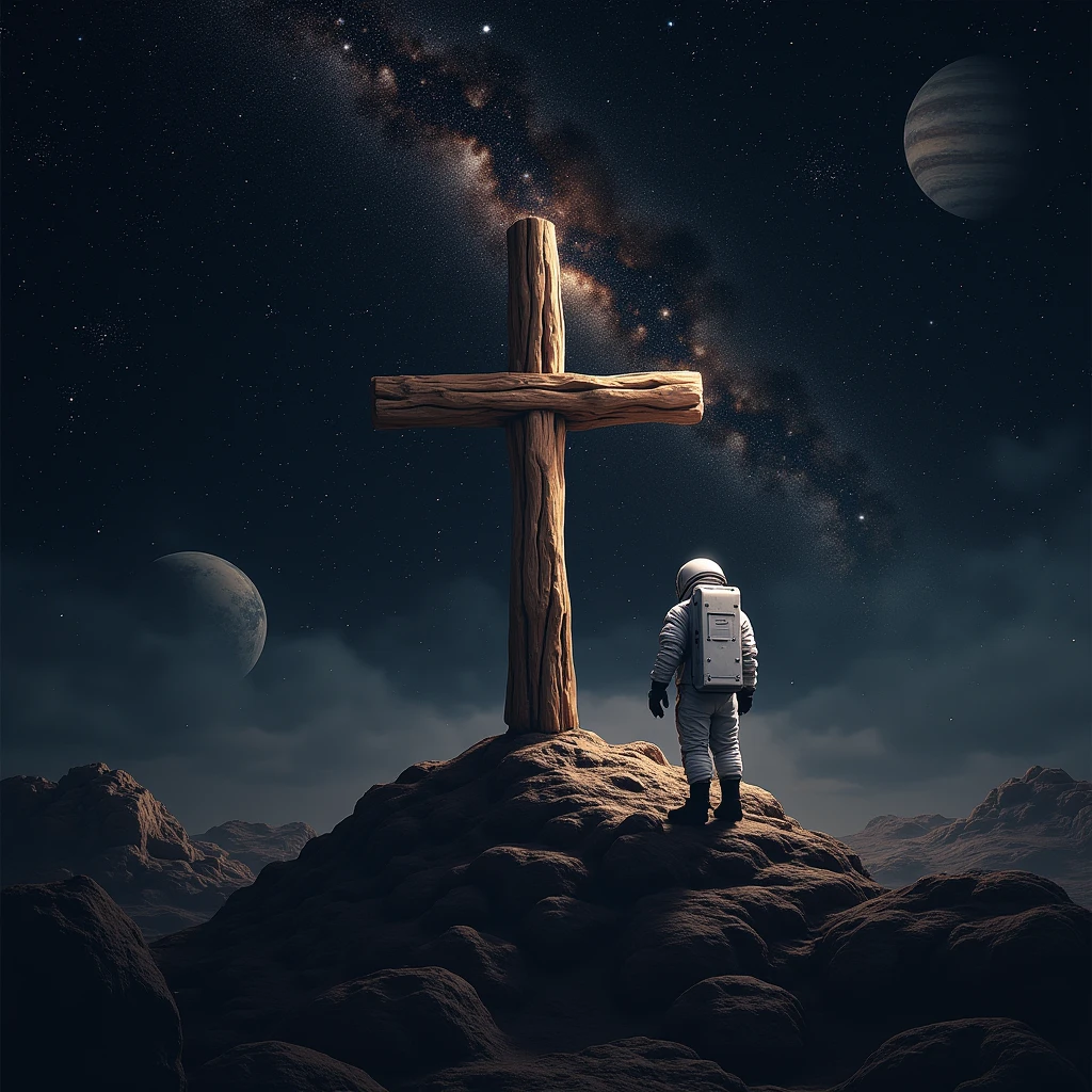 Wooden cross , in outer space, constellations, stars , planets , an astronaut