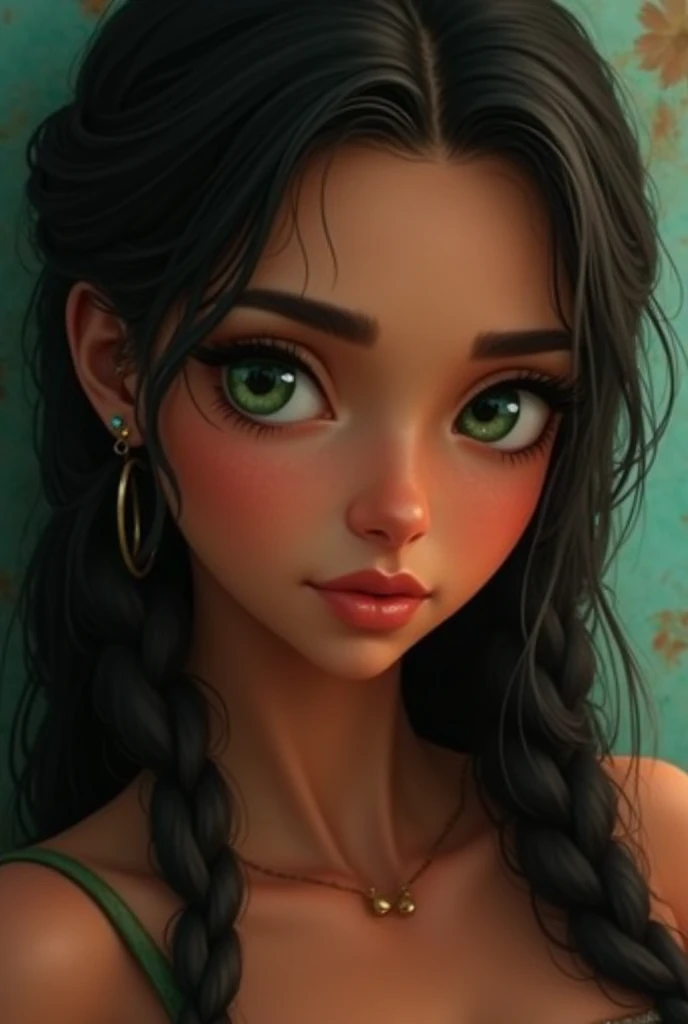 (photorealism:1.2), young woman, tanned white skin, long braided black hair, high, slightly muscular, heart-shaped face, full lips and slightly long nose, emerald green eyes