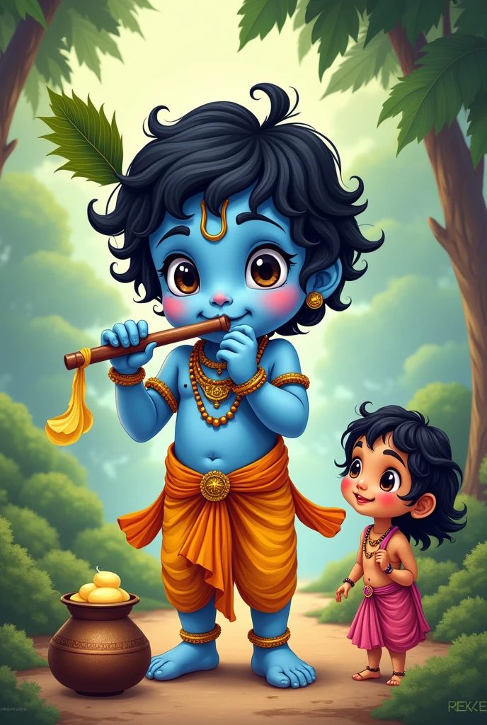 Little krishna God skin colour sky blue with cute ness over load with fluet in one hand eat makhon from matka in brindaban and other girl notice him in comic world
