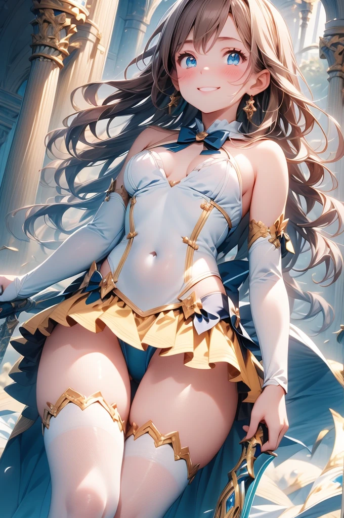 A beautiful girl in a short skirt holding a sword and a bird, outside, night, (magical girl), leotard, fluffy layered skirt, thigh highs, bow, wand, wings, flying, floating, big rounds breasts, dark brown hair, long bangs, french braid, long hair, wavy hair, expressive hair, shiny hair, hairclip, hair ribbon, jewelry, aqua eyes, glowing eyes, pupils sparkling, earrings, blush, light smile, shy, embarrassed, nervous smile, beautiful detailed eyes, natural lighting, high detail, anime, anime style, depth of field, cinematic lighting, game CG, dithering, image fill, multiple views, wide shot, from above, from behind, from below, atmospheric perspective, perspective, panorama, Wide-Angle, f/1.8, 85mm, Nikon, 8k, super detail, masterpiece, retina, masterpiece, accurate, anatomically correct, textured skin, high details, best quality, highres, 16k