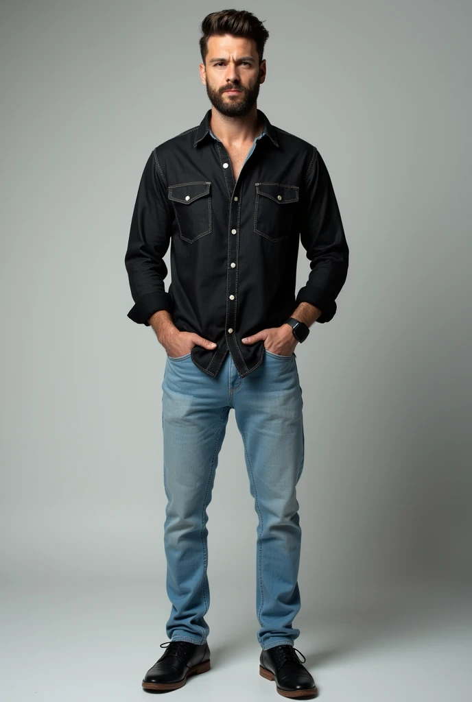 Black denim shirt and light blue pent men full photo