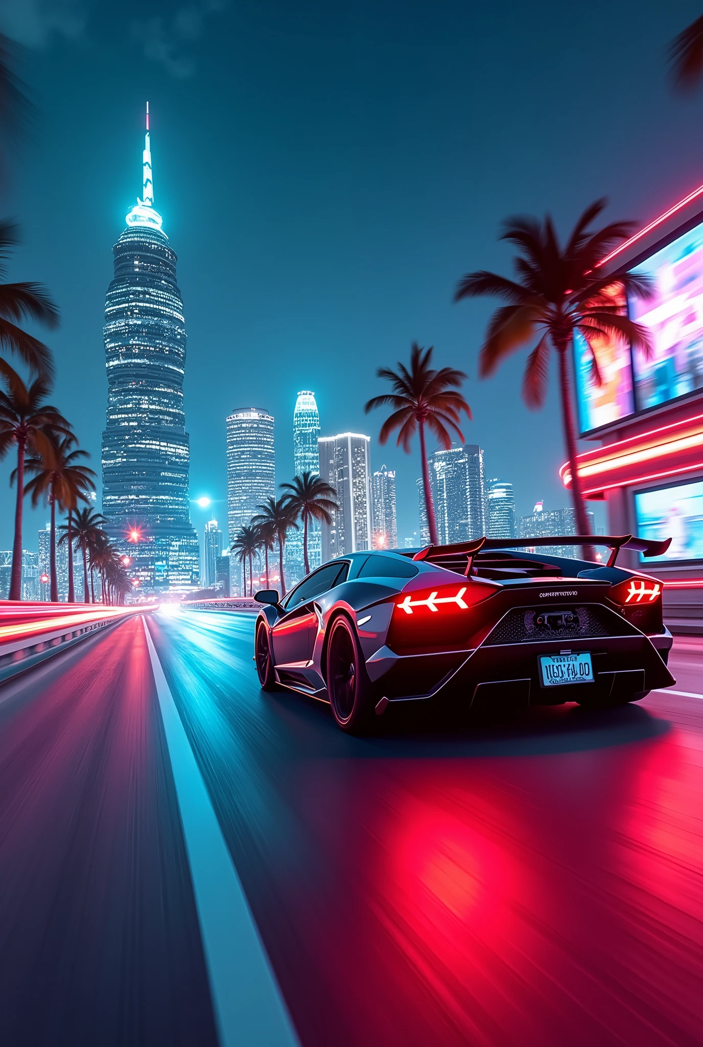 ()Hyoer Realistic:2.0) (((Cinematic Shot)))
an image of
A futuristic South Beach, Miami, bathed in neon lights, as a Lamborghini Aventador speeds down the coastal highway. The car's sleek, angular body glows with a metallic sheen, its tires scorching the pavement. The night air is electric, filled with the hum of advanced technology and the distant thump of bass from the city's vibrant nightlife. The Aventador's 740hp engine roars to life, propelling it forward at incredible velocity, as the city's towering skyscrapers and holographic billboards blur by in a kaleidoscope of color.