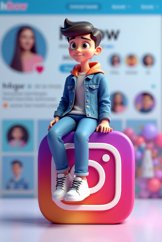 Create a 3D illustration of an animated character sitting casually on top of a social media logo "H GROW". The character must wear casual modern clothing such as jeans jacket and sneakers shoes. The background of the image is a social media profile page with a user name "H GROW" and a profile picture that match