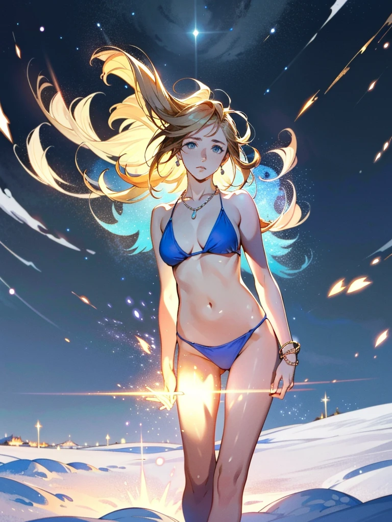 A wide-angle view of a vast snowy landscape under a sky filled with cumulus clouds, partially obscuring the stars. At the center of the scene, a small figure of a woman in her 30s is seen hovering about 50cm above the snow-covered ground, as she gathers magical energy between her hands. She is wearing a vibrant-colored bikini adorned with a delicate necklace, earrings, and bracelets. Her blonde hair, styled in a short bob, is slightly disheveled, blowing in the wind. The lighting is soft, a mix of backlighting and natural light that highlights her tanned, realistic skin and toned physique. The woman’s expression is confident yet slightly enigmatic, as she focuses on the glowing, swirling magical energy (magic aura, glowing light, sparkles) forming and intensifying between her hands. The vast, snowy background and the seven-colored sparkling snow falling around her create a fantastical and tranquil atmosphere. The scene is reminiscent of classical paintings, with a Ghibli-inspired color palette, and emphasizes realism and charm. (Masterpiece, highest quality, anime style).