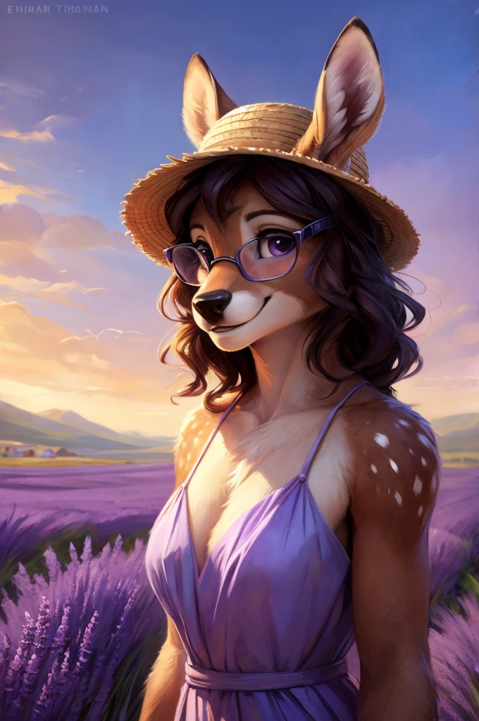 uploaded on e621, artstation, by Pixelsketcher, by Bayard Wu, by Thomas Benjamin Kennington , by Einshelm, by hioshiru and kenket, Chunie, portrait, solo anthro female deer doe, with small featureless breasts, clear dark blue, cinematic lighting, day, sunny day, lavender field, stays in a lavender field, lavender field background, mediterranean background, horizon background, shiny, short curly dark brown hair, wears big black nerd glasses, very very beautiful furry art, furry art, smiling, joyful, shiny, happy, feminine, cute face, muzzle, fluffy chest, flawless face, Fallow deer, 1girl, Sakimichan is beautiful, Masterpiece, Wavethesallow Face, shiny, Detailed image, portrait, Detailed image, portrait, full body, wear white spaghetti straps summer dress, wearing beige summer straw hat, shiny, realistic face, perfect anatomy, hourglass body, (furry body:1.1), anthropomorphic deer, looks at the viewer, small fluffy tail, detailed background, (cute anatomy:1.1), walks in a lavender field, a few cypress trees in the background, few lavender flowers in hair