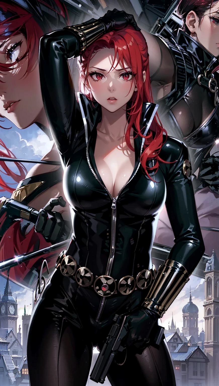 The image features a girl with long, bright red hair, dressed in a sleek skin-tight shiny black latex bodysuit with a deep-cut zipper neckline revealing a large chest, the silver zipper running down the front. The suit is complemented by her iron wrist guard on both wrists and a belt made of silver circles around her waist. She holds a gun in each hand in a ready position, while her other hand is touching her hair. Placed against a dark city backdrop, the scene includes buildings and might contain elements resembling a clock tower, suggesting an urban setting. This composition is emblematic of a superhero genre, highlighting central and ancillary characters, with an overtone of action and vigilance.