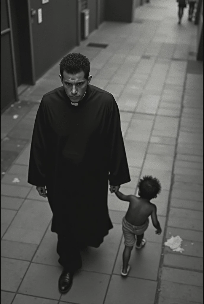 Create an image where you can see an image taken by a security camera (from above) in the 90s to a Colombian man (similar to Luis Alfredo Garavito) 4 (scrawny and tall) dirty appearance FROM HIS BACK without his face being seen disguised as a priest (with short black hair ) holding a child's hand (also from behind)