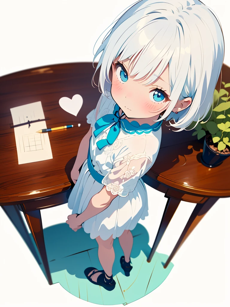 (white background:1.3), (extremely detailed fine touch:1.3), (rough sketch:1.3), ///, kawaii girl, white short hair, girly dress, heart candy, upper body, table, ornamental plants, (flower:1.3), zentangle, (full body:1.3), girls room, princess, (from above:1.3)