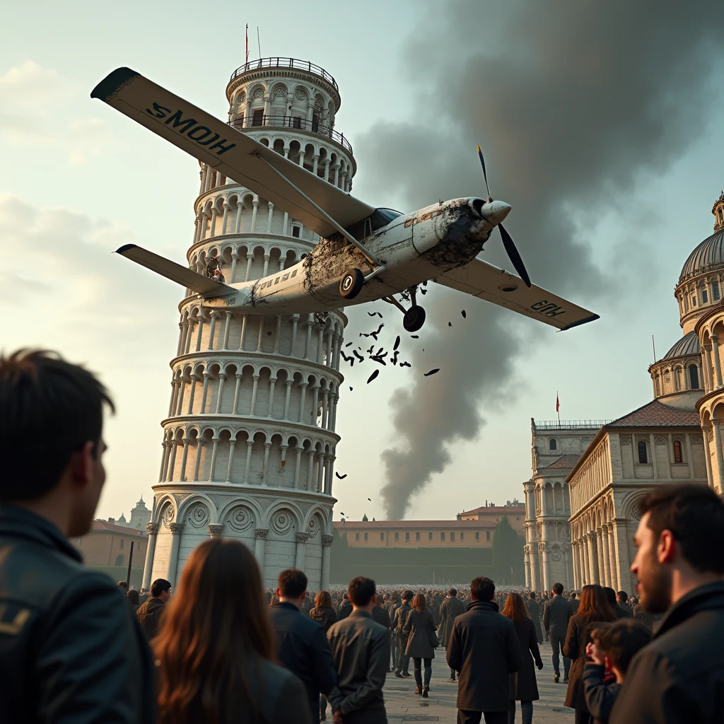 realistic style, photo, photorealistic, high detail, (sharp), (photorealism:1.2), (photo:1.2) of a plane crashed into the "Torre di Pisa", in Italy. There is a broken plane into the tower. Smoke, fire and flames from twisted plane sheets. People screaming and crying desperately. Wide angle view. (A small plane stuck in the tower:1.7). [A plane inserted in the Tower of Pisa].
