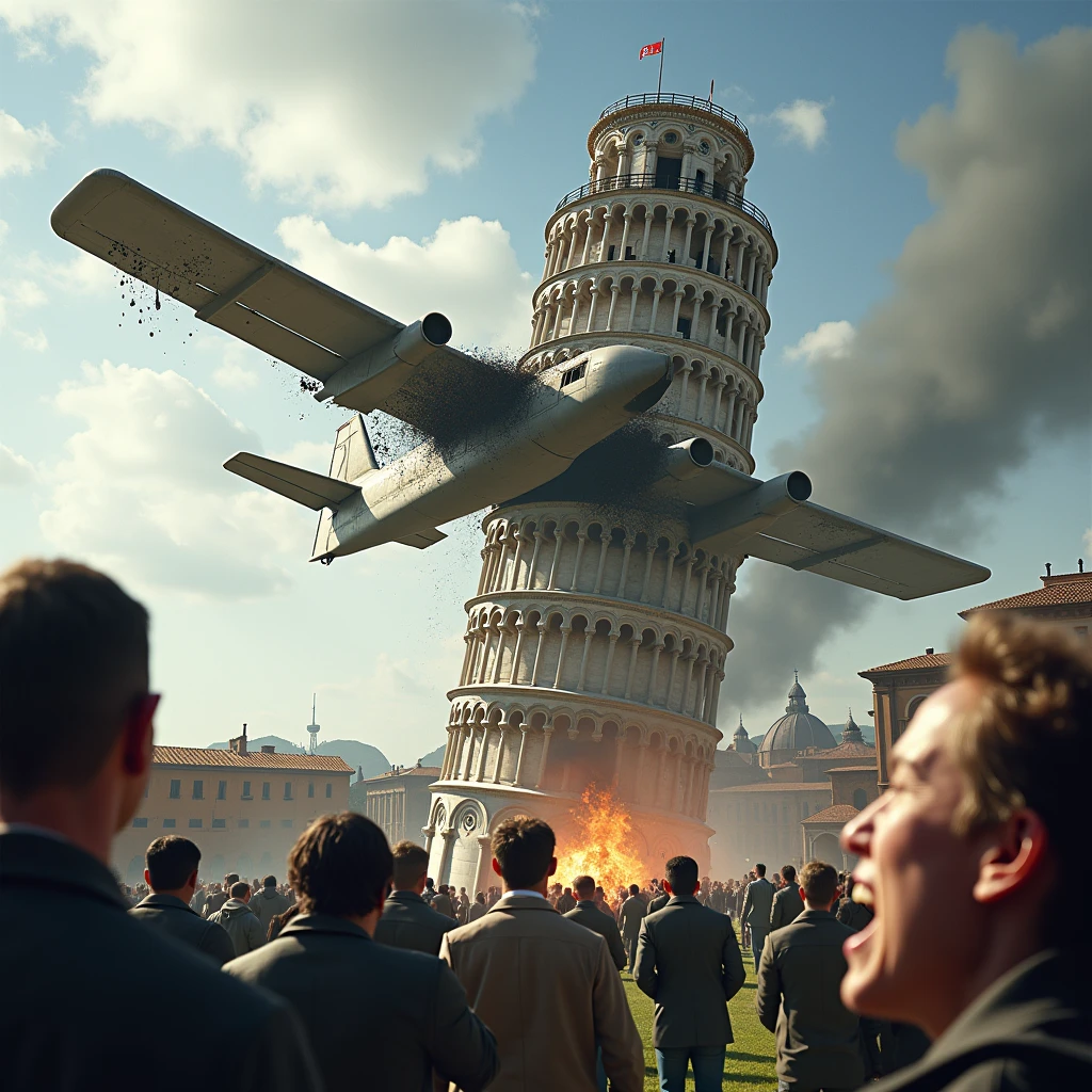 realistic style, photo, photorealistic, high detail, (sharp), (photorealism:1.2), (photo:1.2) of a plane crashed into the "Torre di Pisa", in Italy. There is a broken plane into the tower. Smoke, fire and flames from twisted plane sheets. People screaming and crying desperately. Wide angle view. (A small plane stuck in the tower:1.7). [A plane inserted in the Tower of Pisa].