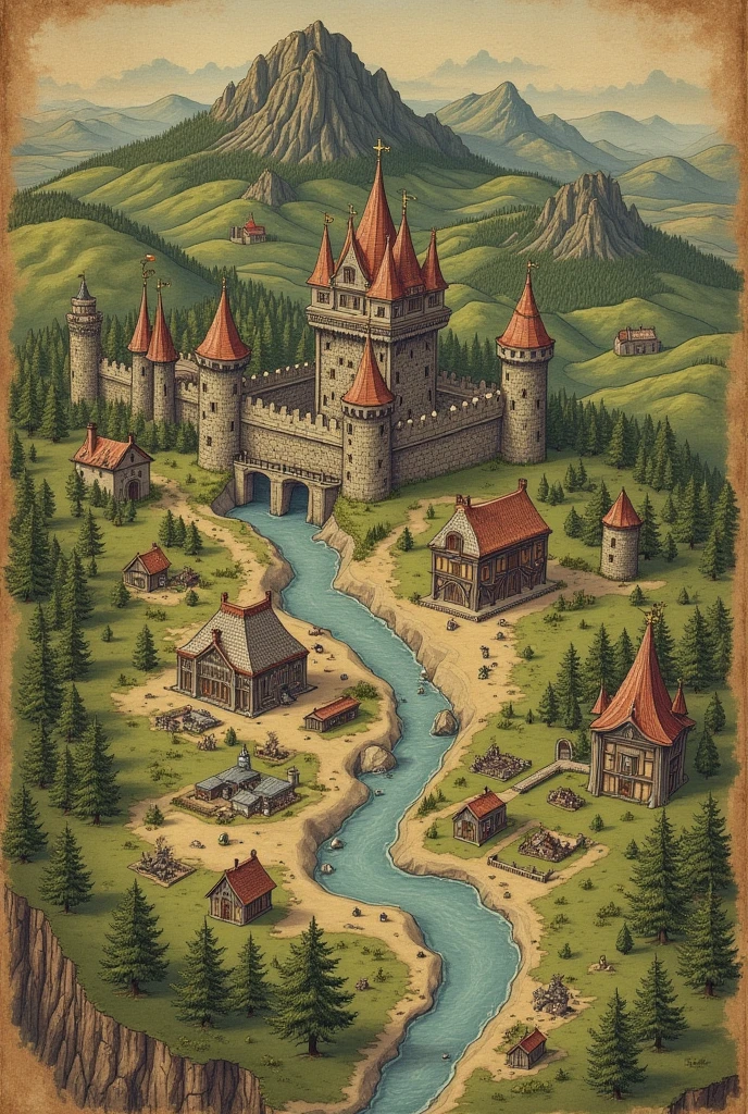 Medieval map of the fictional kingdom of Lamel France Abandoned farm on the northeast side Abandoned mines on the east and west side Working mines on the north and south side Observatory on the southwest side of the kingdom Medieval kingdom King&#39;s castle with a river below the drawbridge A village in the center of the city Knights&#39; base in the center And kings&#39; fort on the bank of a river

