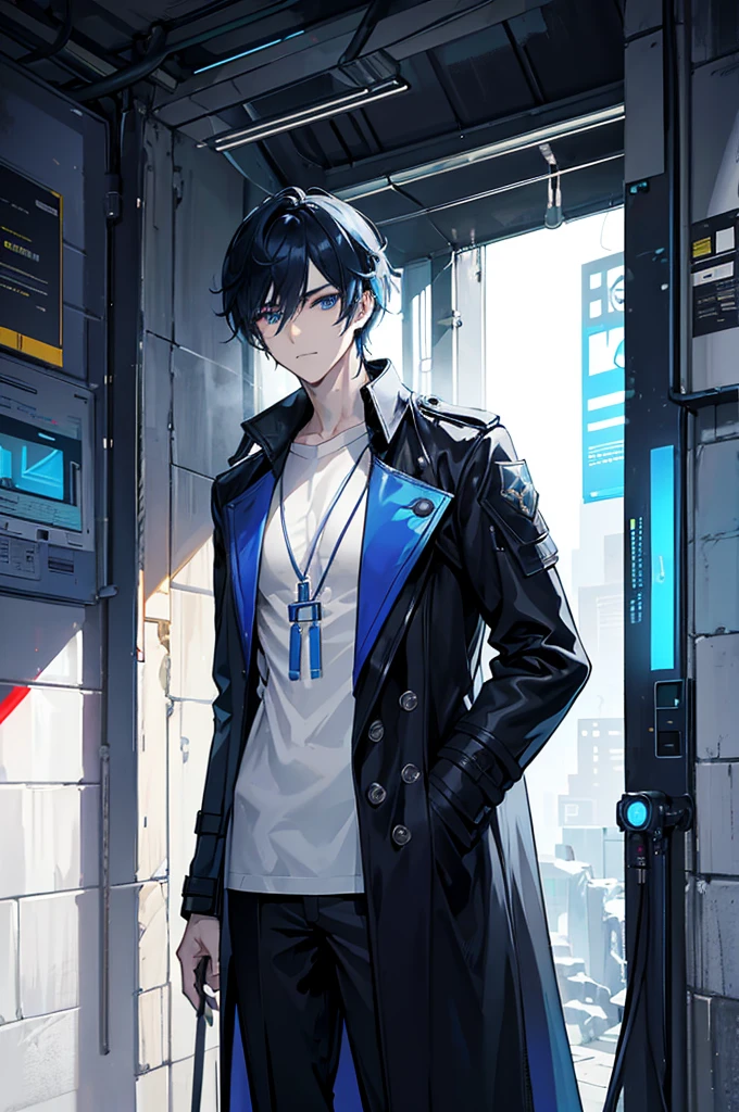 초상화, Face_through_torso, A well-designed male protagonist character with black hair, styled neatly to emphasize his handsome features. His eyes are a striking blue, and his expression carries a subtle, confident smile. He is dressed in a black T-shirt underneath a white trench coat, which is inspired by a cyberpunk aesthetic. The trench coat features blue neon lines running along certain parts of the design, adding a futuristic touch. His left hand is casually placed in the trench coat pocket, while his right arm hangs naturally by his side, completing his poised and self-assured look.((white trench coat))